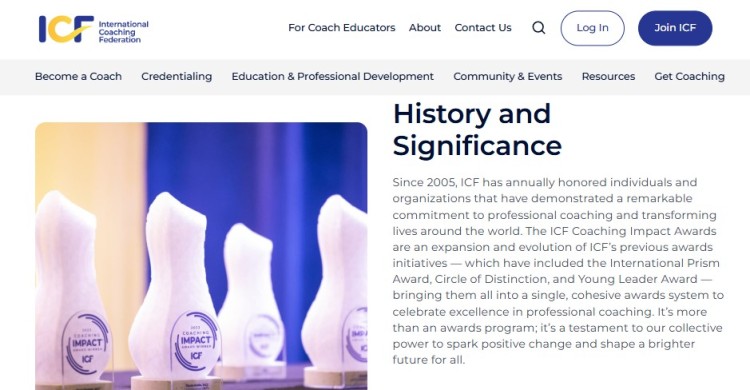 ICF website page showcasing the Coaching Impact Awards history and significance with trophies displayed on the left side