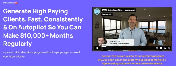 Liam Austin presenting a video on generating high-paying clients to start a business using 90-minute virtual workshops.