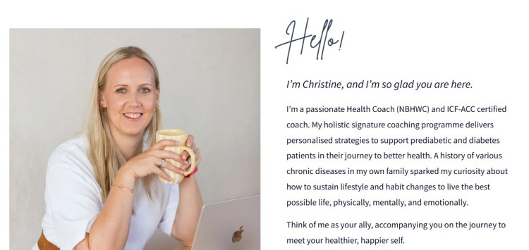 Health coach Christine smiling with a cup of coffee while introducing herself and describing her coaching process to support clients