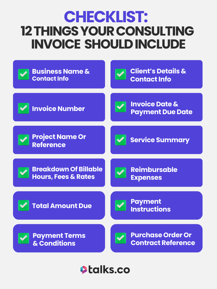 Checklist of 12 required details to create an invoice for consulting including contact info, invoice number, payment terms, and service summary