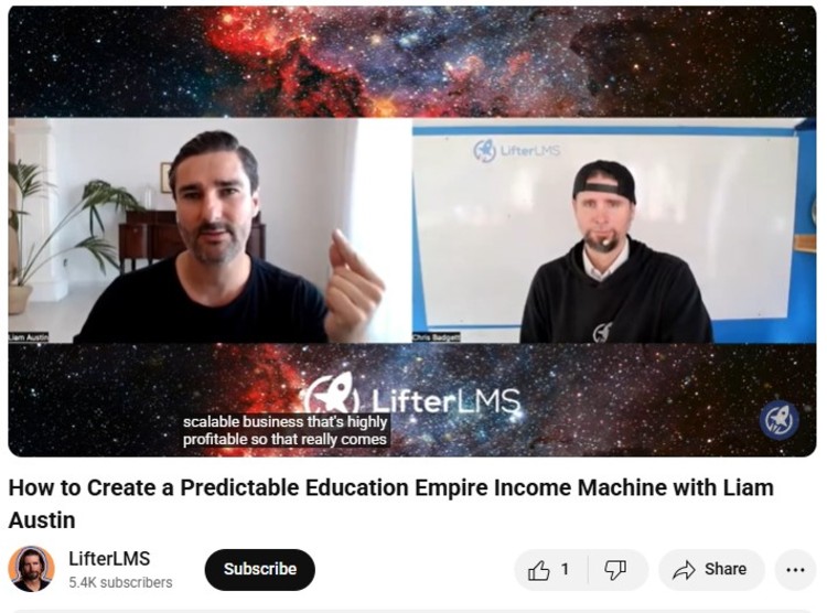 Liam Austin being interviewed on LifterLMS YouTube channel about creating a predictable education business, highlighting insights for effective leaders in building scalable coaching empires.