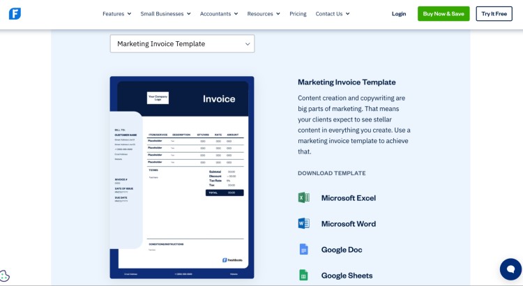 Marketing invoice template displayed with billing details, itemized services, and download options in Excel, Word, Google Docs, and Sheets