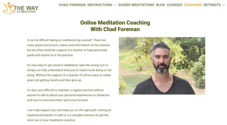 Chad Foreman offering online meditation sessions showing how one-on-one coaching helps individuals stay on track with their practice