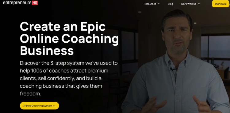 Entrepreneurs HQ webpage featuring Liam Austin explaining how coaching provides a 3-step system to attract clients and build a business with freedom