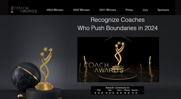 Prestigious Coach Awards 2024 website showcasing recognition for coaches who push boundaries, featuring a golden trophy design and ceremony countdown