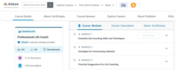Alison website showing Professional Life Coach training course is designed with modules on skills, overcoming setbacks, and practical coaching suggestions