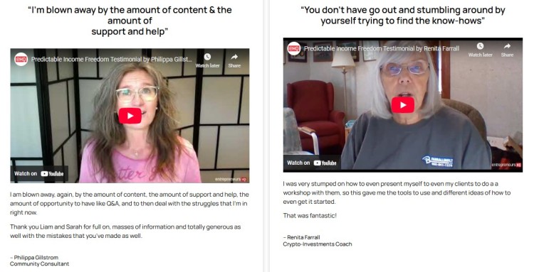 Screenshot of client video testimonials sharing their experiences with coaching programs, serving as real-world examples of the coaching leadership approach and its impact on growth.