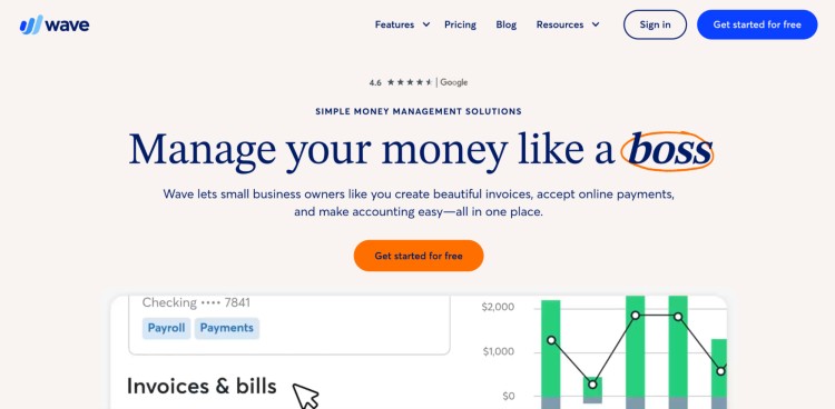 Wave homepage highlighting money management tools, invoices, and billing solutions designed for consulting firms