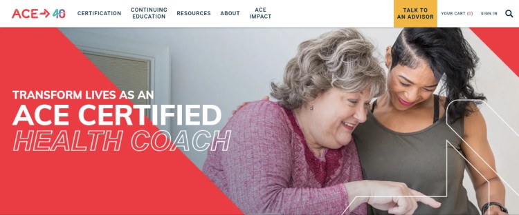 Screenshot of the ACE website showing a program that helps individuals become a health coach, featuring two women smiling and looking at a tablet together.