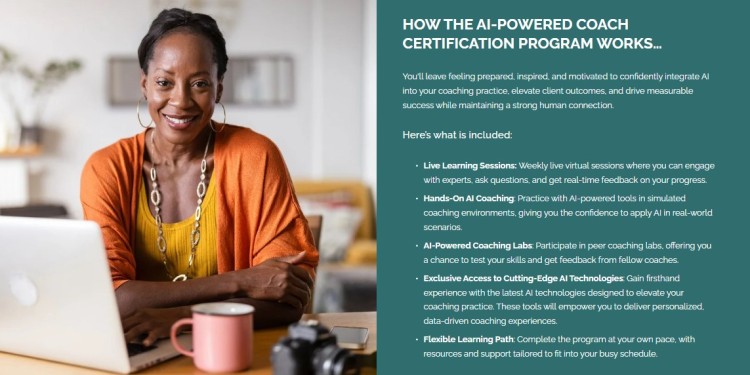 Image showing a smiling woman participating in an online AI-powered coach certification program designed to help professionals learn new skills in coaching and technology integration.