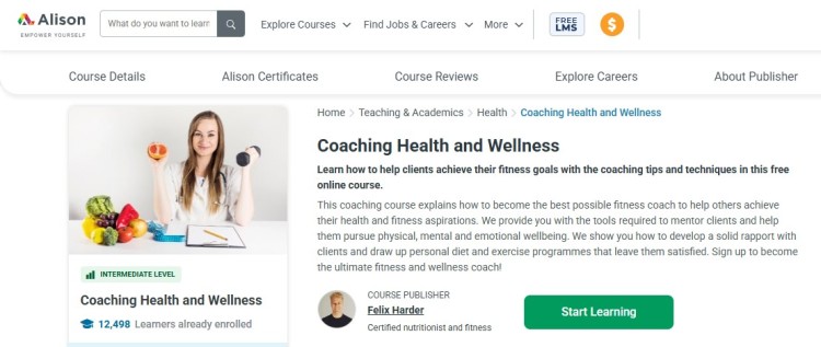 Screenshot of Alison online course on Coaching Health and Wellness for learners entering the health coaching field