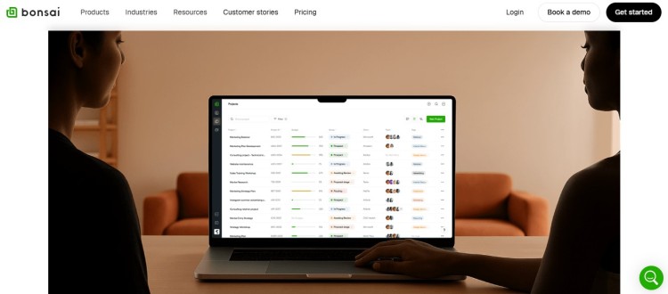 Screenshot of Bonsai’s dashboard displayed on a laptop, showing how the online coaching platform helps manage clients, projects, and progress tracking.