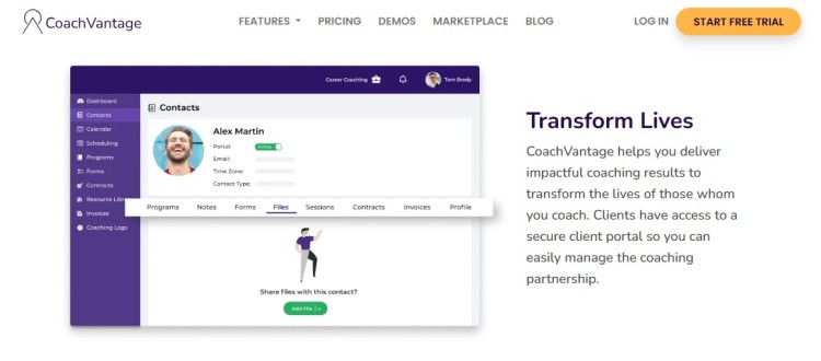 Screenshot of CoachVantage dashboard showing client management tools, highlighting a coaching platform designed to organize sessions, contracts, and communication.