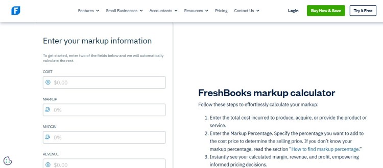 Screenshot of the FreshBooks markup calculator showing fields for cost, markup, margin, and revenue, explaining how consultants can calculate and charge their clients accurately.