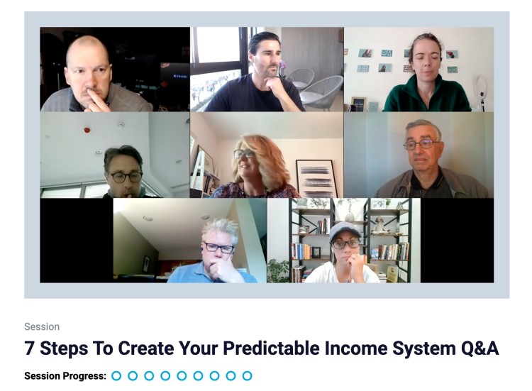 Screenshot of an online group session discussing effective coaching strategies as part of a Q&A on creating a predictable income system.