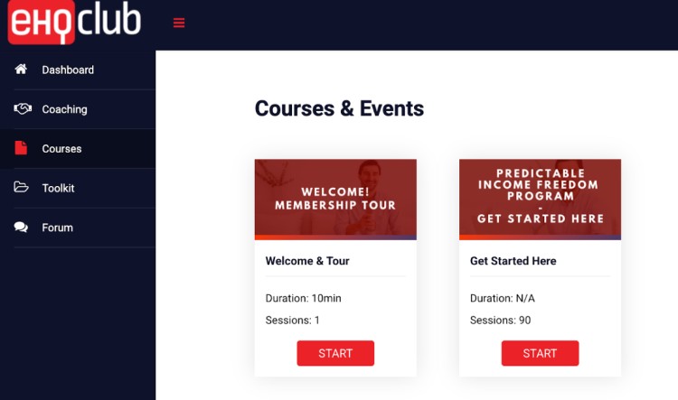Screenshot of the EHQ Club online space showing the Courses & Events section with options for Welcome & Tour and Predictable Income Freedom Program.