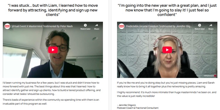 Two video testimonials from coaching clients describing how feedback is given during Liam Austin’s programs to help them attract clients and build confidence.
