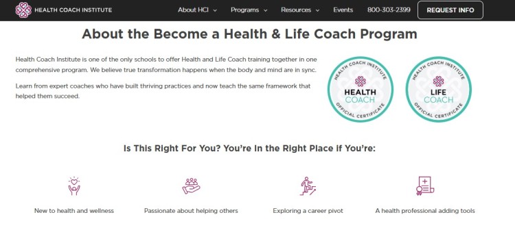 Screenshot of Health Coach Institute program page showing health and life coach certification details with emphasis on learning to help others