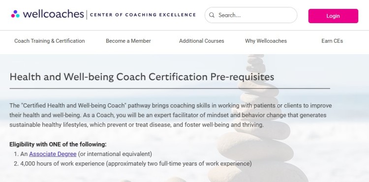 Screenshot of the Wellcoaches website outlining certification prerequisites for health and wellbeing coach training, including associate degree and work experience options.