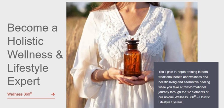 Woman holding a wellness bottle with text promoting holistic wellness and lifestyle expert training through an online certification program