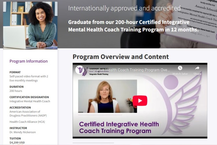 Certified Integrative Mental Health Coach Training Program page showing program details and video overview designed for those entering the health coaching field