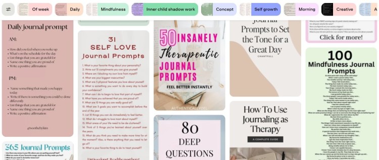 A collage of journal prompt templates and mindfulness exercises designed to inspire reflection, self-growth, and living your best life.