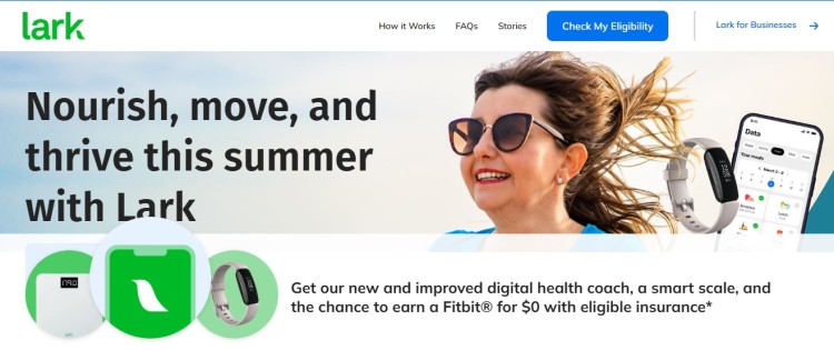 Screenshot of Lark’s website promoting its digital health coach that supports personal and professional growth through healthier habits and lifestyle tracking.