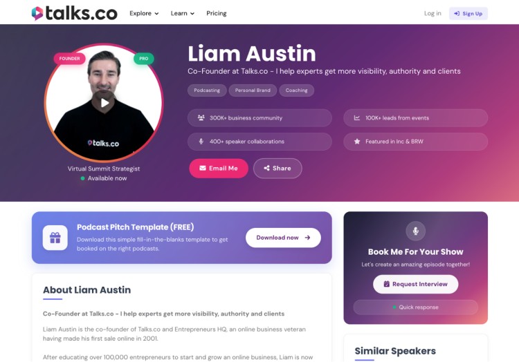 Liam Austin profile page on Talks.co showing his expertise as a coach and a leader helping experts gain visibility, authority, and clients through podcasting and virtual summits.