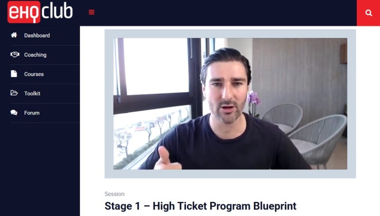 Screenshot of Liam Austin teaching a session titled “Stage 1 – High Ticket Program Blueprint,” offering insights into building a successful brand strategy for coaches and entrepreneurs.