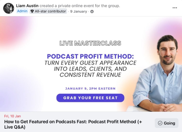 Liam Austin promoting his Podcast Profit Method live masterclass, a coaching training session teaching how to turn podcast guest appearances into leads, clients, and consistent revenue.