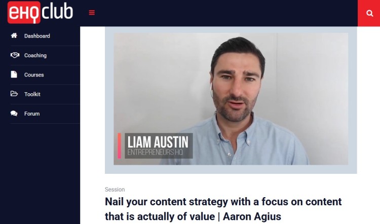 Screenshot of Liam Austin speaking in an EHQ Club session about how to focus your strategy on creating valuable and effective content.