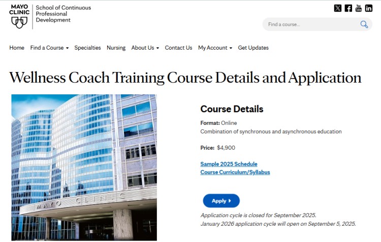 Screenshot of Mayo Clinic’s wellness coach training course webpage highlighting program details, tuition, and focus on developing professional coaching skills.