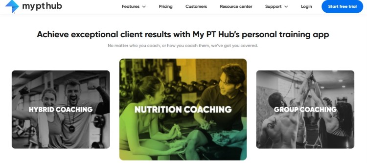 Screenshot of My PT Hub homepage showing hybrid, nutrition, and group coaching options, illustrating an app designed for coaches to manage client fitness programs.