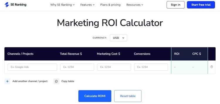 Screenshot of an online marketing ROI calculator used for calculating the ROI of marketing campaigns by comparing revenue, cost, and conversions.