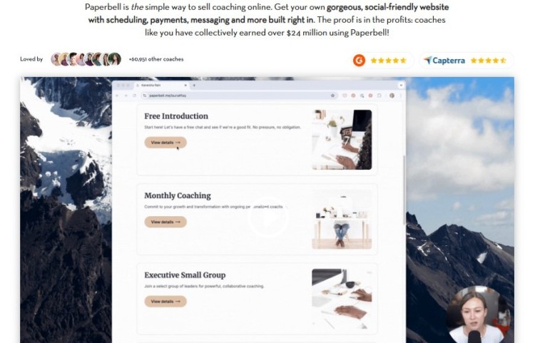 Screenshot of Paperbell showcasing coaching packages and scheduling options, illustrating how Paperbell is an all-in-one platform for managing coaching sessions, payments, and communication.