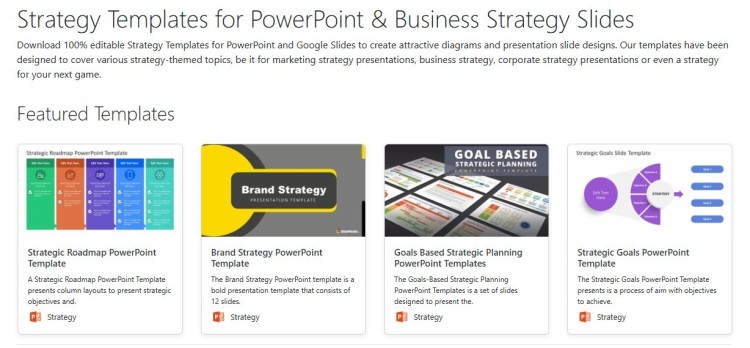 Screenshot of a webpage displaying PowerPoint and Google Slides templates designed to help professionals create a great brand strategy and business presentations.