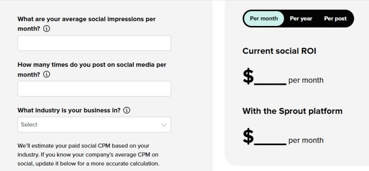 Screenshot of a social media ROI calculator showing input fields for impressions, posting frequency, and industry, helping users determine the ROI of your social media performance.