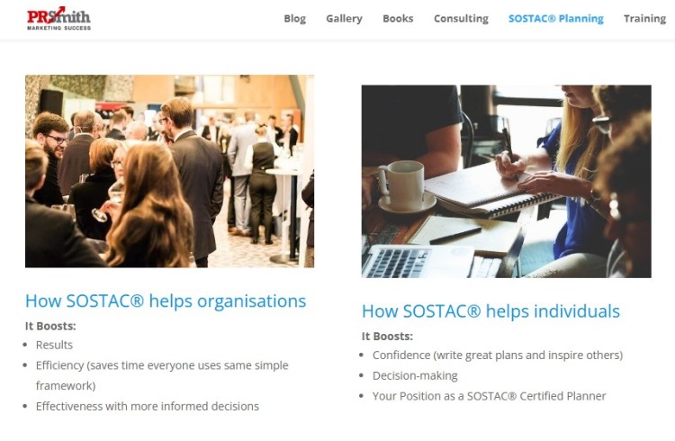Screenshot from PR Smith’s website showing how the SOSTAC® planning framework helps organizations and individuals improve marketing performance through strategy, decision-making, and experience in social media.