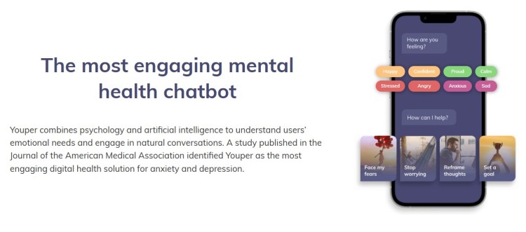 Screenshot showing Youper, a mental health app that uses artificial intelligence to understand emotions and support users through interactive chat.
