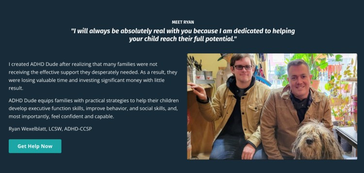 Photo of Ryan Wexelblatt from ADHD Dude sitting with a teen and a dog, representing his coaching service for families seeking practical ADHD support.