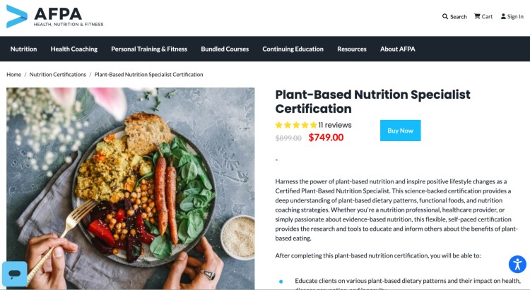 AFPA course page showing the Plant-Based Nutrition Specialist Certification, with a plant-based meal photo and program details designed to help learners become a qualified nutrition specialist.