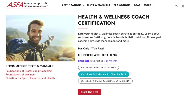 ASFA webpage promoting health and wellness coach certification with program details and pricing.
