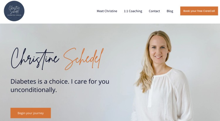 Image of diabetes coach Christine Schedel with a welcoming message, illustrating that a coach is a trained professional who supports clients unconditionally.