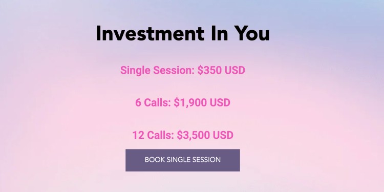 Pricing for a coaching service showing rates for a single session, 6 calls, and 12 calls.