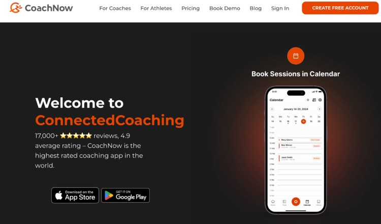 Homepage of CoachNow showing its connected coaching features and calendar booking, positioning it as a top coaching app for athletes and professional coaches.