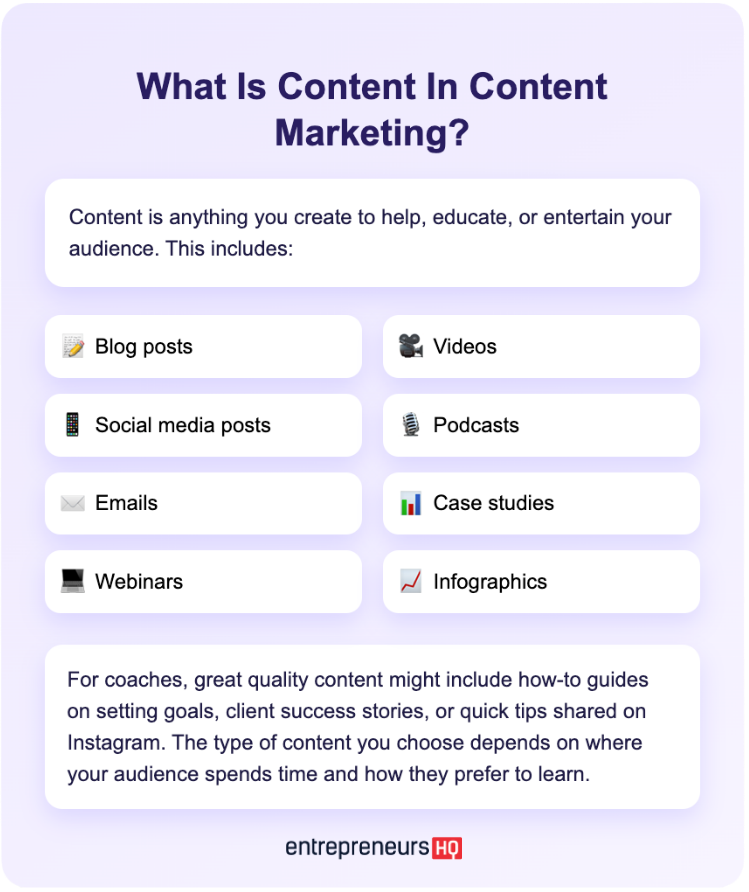 Infographic explaining different types of content piece options in content marketing such as blog posts, videos, podcasts, emails, case studies, and infographics.
