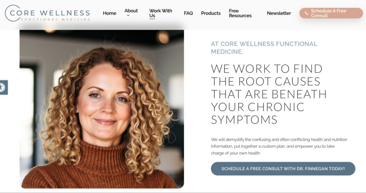 Portrait of a functional medicine practitioner on the Core Wellness website with text explaining how the coach will help address chronic symptoms.