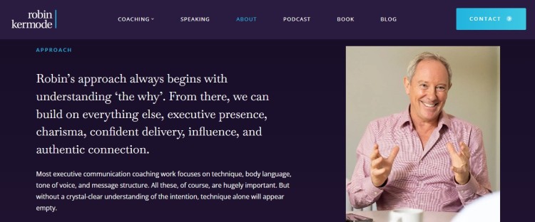 Robin Kermode smiling and speaking during a coaching session, illustrating how an executive communication coach helps clients improve presence, delivery, and authentic connection.