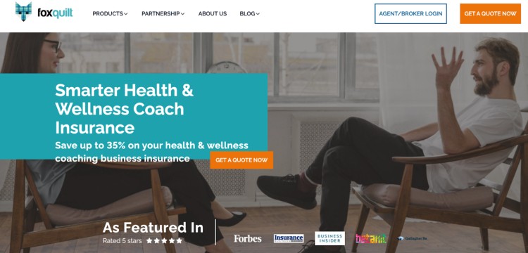 Homepage banner from Foxquilt Insurance that offers health and wellness coach coverage, promoting smarter insurance options and up to 35% savings for coaching businesses.