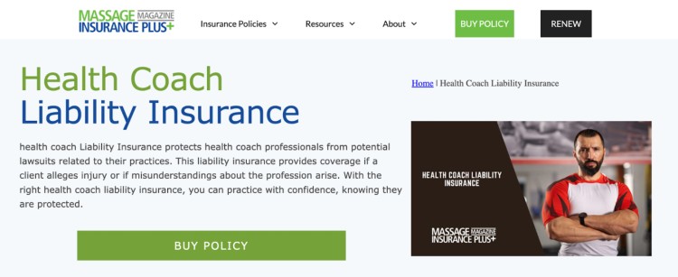 Website page showing Massage Magazine Insurance Plus offering health coach liability insurance that covers professional claims, client injuries, and misunderstandings related to coaching practices.